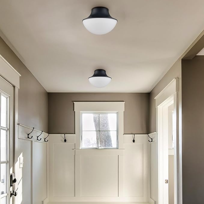 Modern Matte Black Semi Flush Mount Ceiling Light Fixture Industrial Metal Round Bowl Shape Milk Glass Light Fixture Ceiling Mount for Bathroom Bedroom Hallway Office Living Room