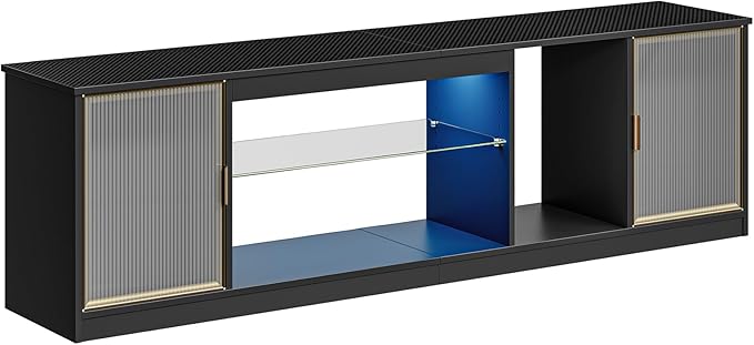 Bestier Modern TV Stand for 75/80 inch TV, LED Entertainment Center with Acrylic Doors & Adjustable Glass Shelf, 70” Media TV Console for PS5, Television Stands for Living Room, Black Carbon Fiber
