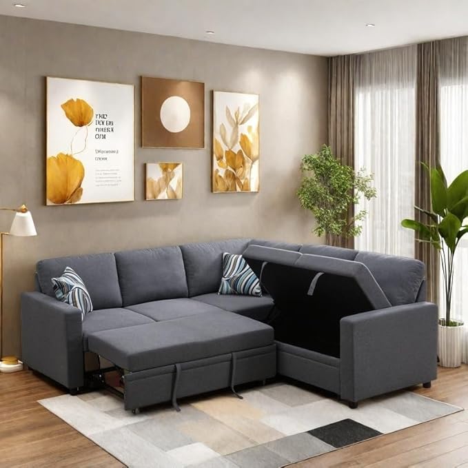 4-Piece L Shaped Sofa Set with Storage Chaise, Convertible Pull Out Couch with Movable Ottoman, Modular Sectional Sofa for Living Room, Apartment, Office, Gray