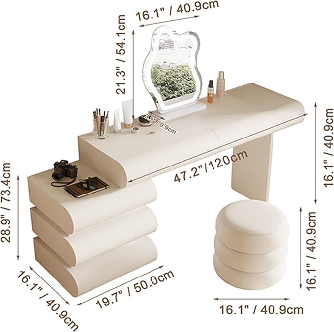 Makeup Vanity Desk with Lighted Mirror and Stool, Faux Leather Upholstered Finish, Modern Dressing Table with 5 Drawers for Bedroom and Makeup Room, Easy Assembly, White
