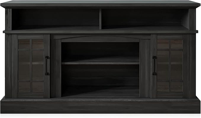 BELLEZE 58 Inch TV Stand, Rustic Wood Entertainment Center for TVs up to 65", Contemporary Media Console Table with Two Open Shelves and Glass Door Cabinets - Astorga (Rustic Grey)