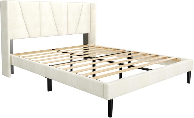 Queen Bed Frame with Headboard and Wingback, Velvet Upholstered Platform Bed, Mattress Foundation with Wooden Slat Support, No Box Spring Needed, Easy Assembly, Noise Free, Beige