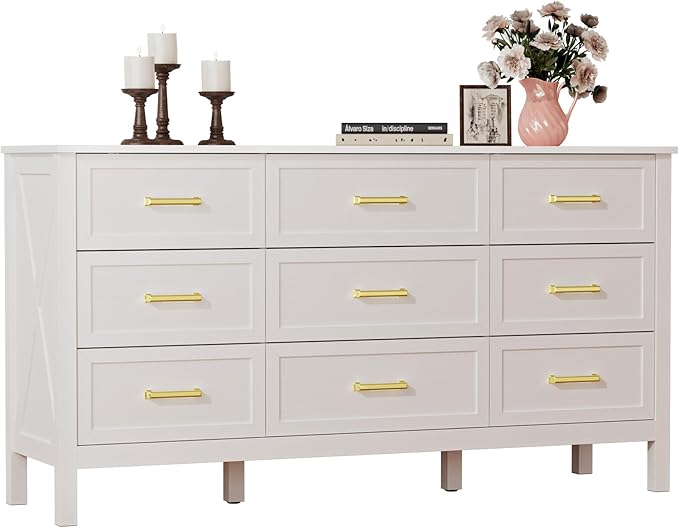 LYNSOM Farmhouse 9 Drawers Dresser for Bedroom, 55" Wide Wood Rustic Chest of Drawers with Natural Texture, Metal Handle, Storage Dressers Organizer for Entryway, Hallway, White