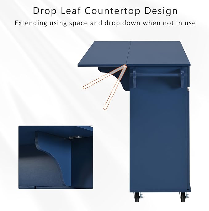 53.2'' Kitchen Island with Drop Leaf, Kitchen Storage Cart with Spice Rack, Towel Rack and 2 Drawers, Rolling Kitchen Island on Wheels with Adjustable Shelves for Kitchen, Dining Room, Navy Blue