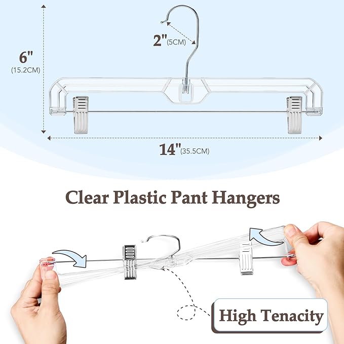HOUSE DAY Clear Pants Hangers 100 Pack, Non-Slip Plastic Skirt Hanger with 2 Adjustable Clips, Heavy Duty Clip Hangers for Pants, Skirts, Shorts, 14" Clear Hanger, 360-Rotating Swivel Hook