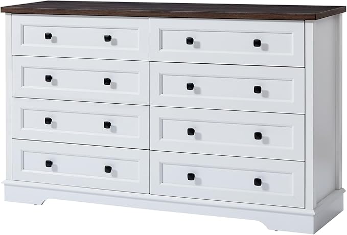 SOOWERY Dresser for Bedroom, Farmhouse Dresser with 8 Wooden Drawers and Storage Cabinet, 55 Inches Wide Chest of Drawers for Bedroom, Living Room, Hallway, White