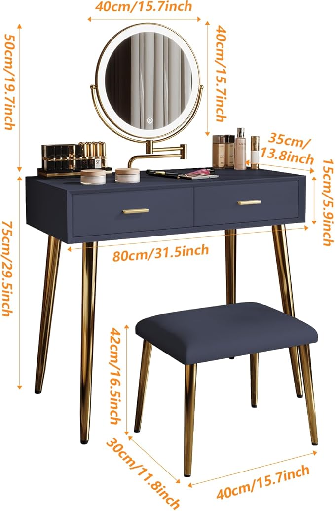 Vanity Desk with Adjustable Mirror and Lights, Makeup Desk with Drawers and Chair, Dressing Table Set with Leather Surface, Small Vanity Table for Bedroom, 3 Lighting Modes (Blue)