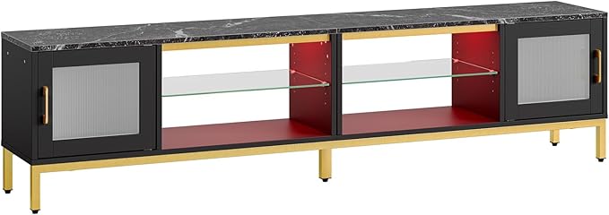 Bestier 80 Inch TV Stand for 75/85/86/90 inch TVs, 4 in 1 LED Entertainment Center with 2 Storage Cabinets, Modern TV Console with Adjustable Shelves for Living Room Bedroom, Black Marble