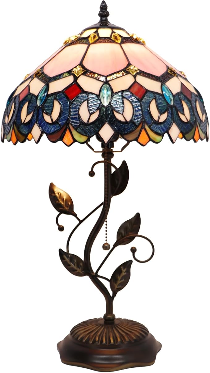 Tiffany Table Lamp, Pink Stained Glass Desk Light, W12H19 Inch, Metal Leaf Base (Pink Baroque Style)