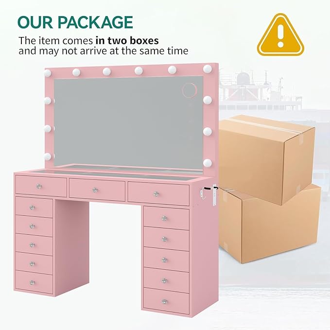 13 Drawers Vanity Desk, 47''W Makeup Vanity with Power Outlet, Vanity Table with Mirror and 12 LED Bulbs, 3 Color Lighting Modes, Glass Top, Dressing Table for Bedroom (Pink)