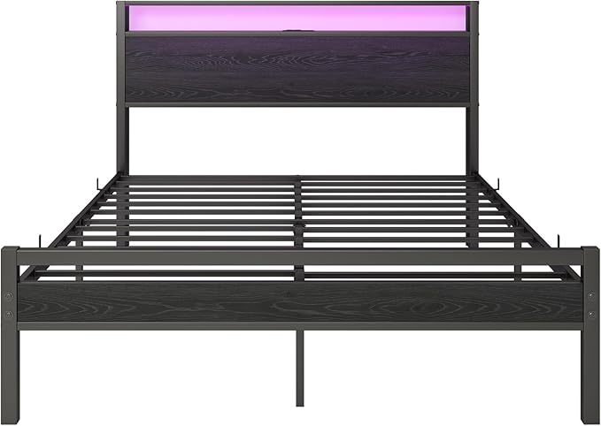 Full Size Bed Frame with Storage Headboard/LED Lights, Metal Bed Frame with Charging Station, Platform Bed Frame No Box Spring Needed, Heavy Duty Metal Slats Support, Black