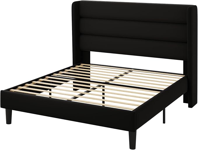 Allewie Queen Size Platform Bed Frame with Velvet Upholstered Wingback Headboard, No Box Spring Needed, Under Bed Storage Space, Strong Wooden Slats, Modern Mattress Foundation, Easy Assembly, Black
