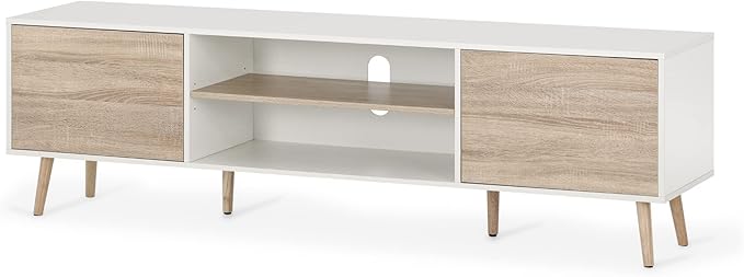 WAMPAT Mid Century Modern TV Stand for TVs up to 75 inches, Wood TV Console Media Cabinet with Storage, Entertainment Center for Living Room Bedroom, White and Oak, 70 inch