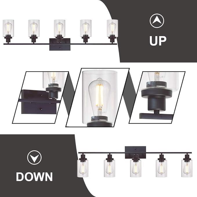 MELUCEE 5-Light Wall Light Fixtures Vanity Lights Bathroom Fixtures Oil Rubbed Bronze Finished with Clear Glass, Industrial Wall Sconce for Bedroom Hallway Kitchen (Patent No.: US D963914 S)