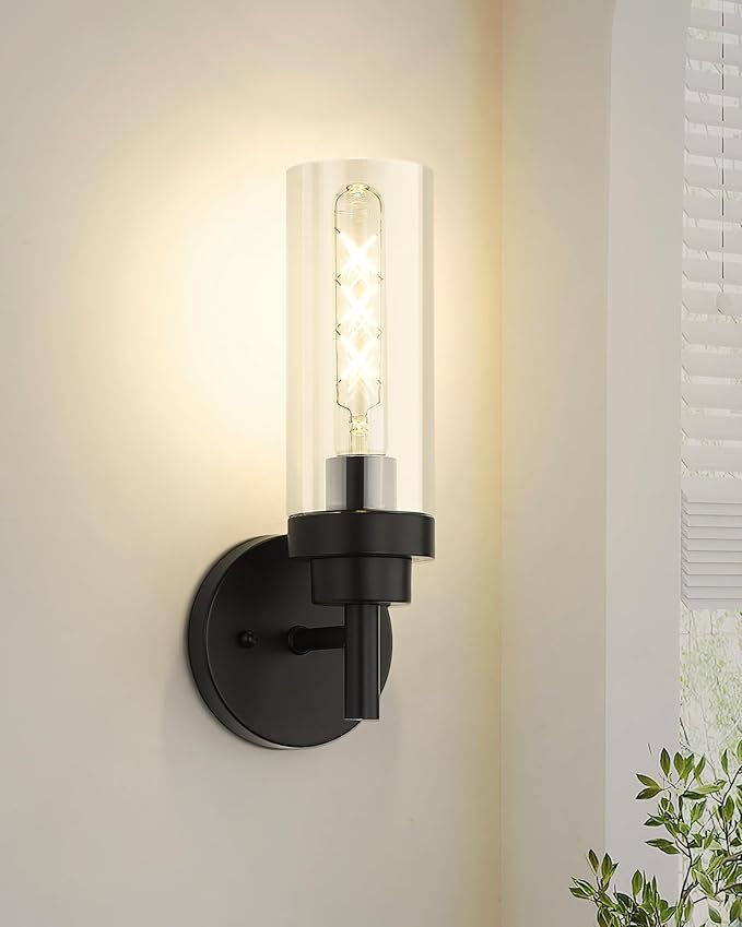 Emak Black Wall Sconces Set of Two, Modern Vanity Lights with Clear Glass Shade, Wall Lights for Bathroom, Bedroom, Living Room, Hallway, WS085-BK-2PK