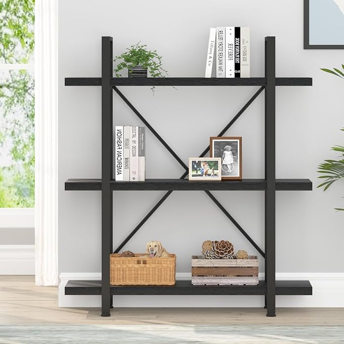 HSH 3 Tier Black Bookshelf, Industrial Small Metal Wooden Storage Book Shelves, Modern Open Low 3 Shelf Bookcase and Display Etagere, Vertical Book Shelf for Bedroom Living Room Office, Black Oak