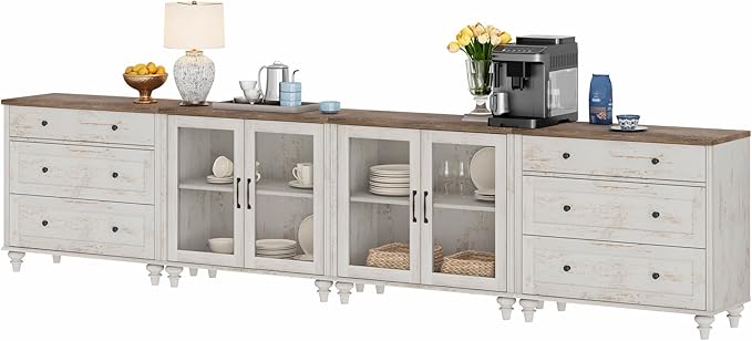 WAMPAT Modern TV Stand for TVs up to 110 inch, 4 in 1 Entertainment Center with Storage Cabinets and 4 Glass Door, Media Console with 6 Drawer Dresser for Living Room, Rustic White