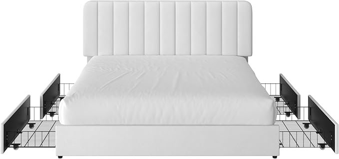 VECELO Queen Size Upholstered Bed Frame with 4 Drawers and Headboard, Velvet Platform Storage Bedframe, Wooden Slats Support, No Box Spring Needed,Snow-White