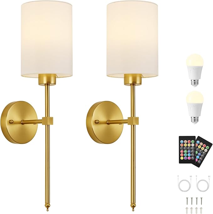 Battery Operated Wall Sconces Set of Two,Wireless Rechargeable Wall Light With Remote Control, Dimmable, Amber Light/Warm White/Natural White/Daylight/RGB, Timer,for Living Room,Bedroom,Entryway,Gold