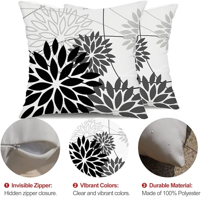 Black Grey Floral Pillow Covers 18x18 Set of 2 Outdoor Waterproof White Colored Decorative Throw Pillows Summer Pillowcase Polyester Cushion Case Decor for Couch Patio Funiture Garden Porch 01L18