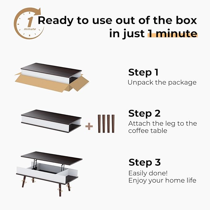 Lift Top Coffee Table, One Minute No Assembly Required Rising Tabletop Center Table with Large Hidden Storage Compartment, Open Shelf, Anti-Pinch Design Mute for Living Room (Black Walnut)