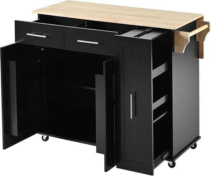 Kitchen Island with Drop Leaf, Kitchen Storage Cart with 3 Tier Pull Out Cabinet Organizer, Internal Storage Rack, Rolling Kitchen Cart on Wheels with Towel Rack, 2 Drawers, for Kitchen, Black