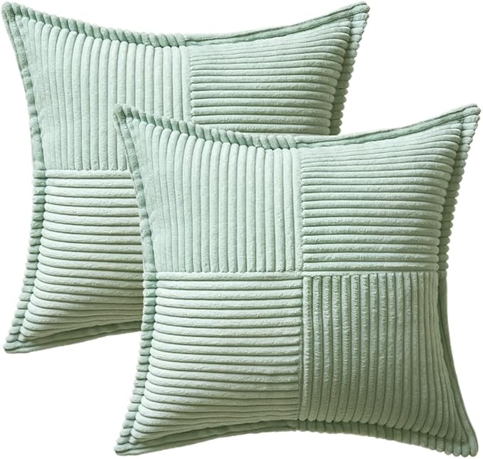 MIULEE Mint Green Corduroy Pillow Covers 20x20 Inch with Splicing Set of 2 Soft Boho Striped Pillow Covers Broadside Decorative Textured Summer Pillowcases for Couch Cushion Bed Livingroom