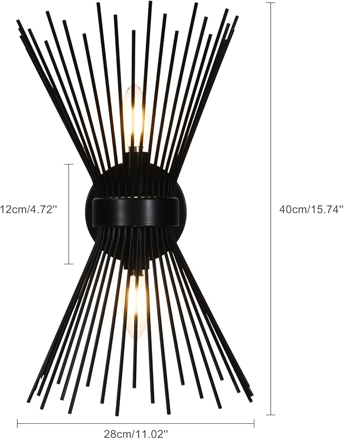 EDISLIVE 2-Bulb Vanity Light Mid-Century Modern Starburst Wall Sconce Lamp Sunburst Sconce- 11 x 4.7 x 15.8 Inches Wall Light for Powder Room Bedroom Bathroom (Black)