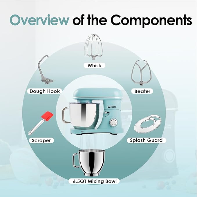 Kitchen in the box Stand Mixer - 900W Kitchen Mixer with Bowl 6.5 QT,Bread Dough Standing Mixers Tilt-head with Dough Hook, Whisk, Flat Beater and Splash Guard (Blue)