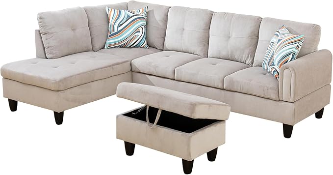 L-Shape 3-Piece Cloud Sofa, Couch for Living Room, Grey White Corduroy Fabric L-Shape with Reversible Chaise & Storage Ottoman, Ergonomic 110–115° Recline, Solid-Wood Frame