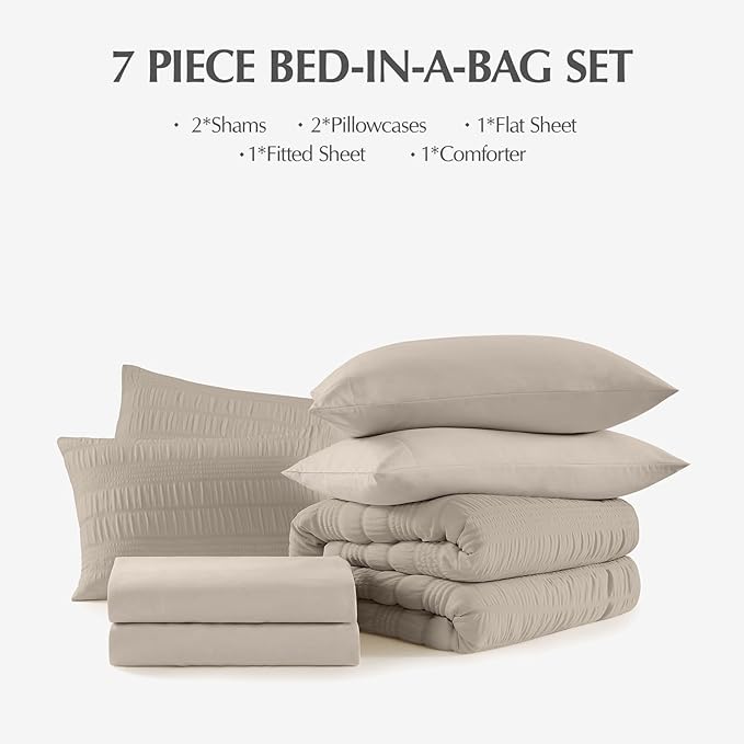 CASAAGUSTO King Size Comforter Set, 7 Pieces Oatmeal Seersucker Bed in a Bag King Soft All Seasons, King Bedding Sets with Comforter, Flat Sheet, Fitted Sheet, 2 Pillow Shams, 2 Pillowcases
