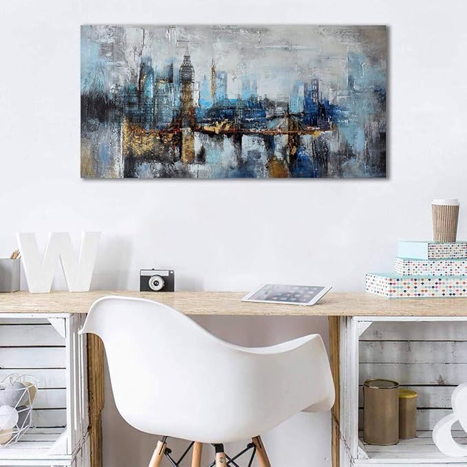 Pogusmavi Large Wall Art for Bedroom Abstract City View Canvas Art Modern Home Decor Gray Blue Buildings Prints for Bedroom Wall Art Office Artwork Wall Decor for Living Room Decor 24x48 inches