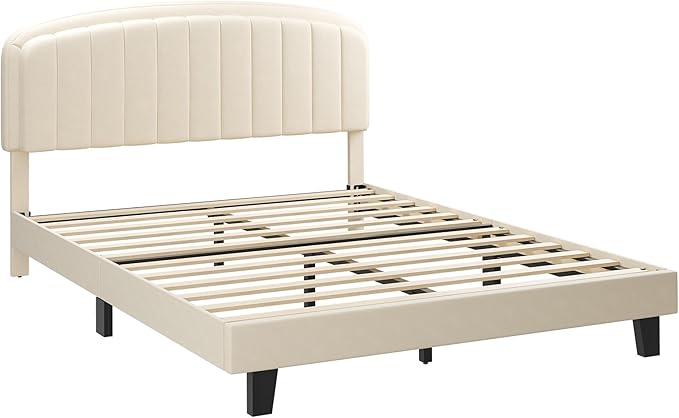 Cozy Castle Queen Bed Frame, Upholstered Platform Bed with Velvet Adjustable Curved Headboard, Mattress Foundation with Strong Wooden Slats, No Box Spring Needed, Easy Assembly, Cream