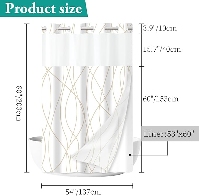 No Hook Beige Khaki Striped Stall Shower Curtain with Snap in Fabric Liner Set - Hotel Shower Curtain and Liner Set with See Through Mesh Top Window,Machine Washable, 54x80 INCH