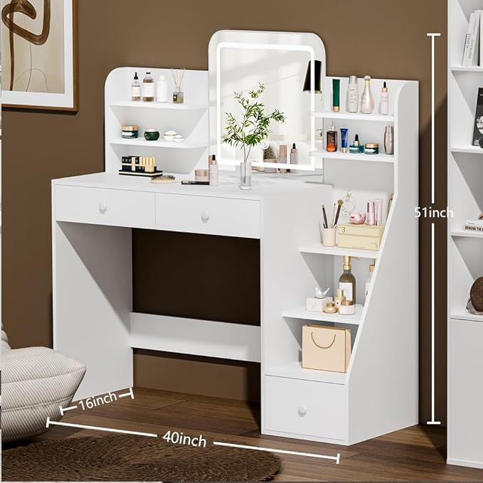 White Makeup Vanity Desk with Square LED Mirror & 6 Open Shelves - 3-Color Adjustable Lighting, 3 Drawers + Right-Side Sloped Design, Dressing Table for Bedroom, Women, Teens