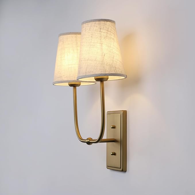 Vintage 2-Lights Wall Sconces with Funnel Linen Fabric Shades, Double Head Bathroom Vanity Lights Fixture, Indoor Wall Lamps for Bedroom Living Room Hallway Stairway