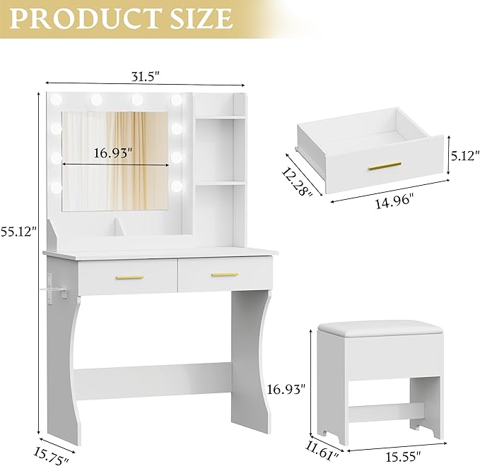 Vanity Desk with Mirror and Lights, Small Makeup Vanity Table Set with Storage Drawers & Power Outlets & Chair, 3 Lighting Modes & RGB Ambient Light, Dressing Table for Women Girls Bedroom, White