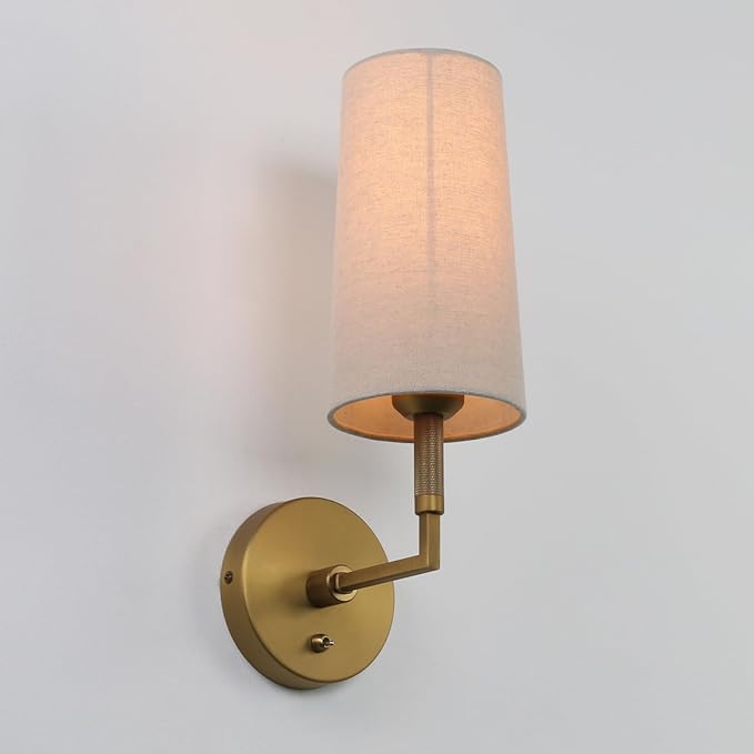 Brass Wall Sconces Set of Two, Hardwired Linen Fabric Shade Wall Lamps, Bathroom Vanity Lights Fixture with Switch, Indoor Wall Lights for Bedroom Living Room Corridor