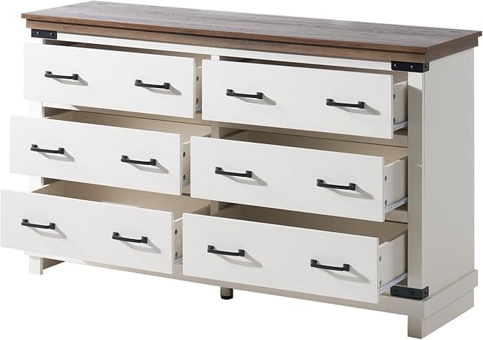 AMERLIFE Farmhouse 6 Drawers Dresser Chests for Bedroom, Wood Large Chest of Drawers/w Thick Plank Styling, Rustic Heavy Duty Closet Storage Dresser Organizer, Living Room, Hallway, Antique White