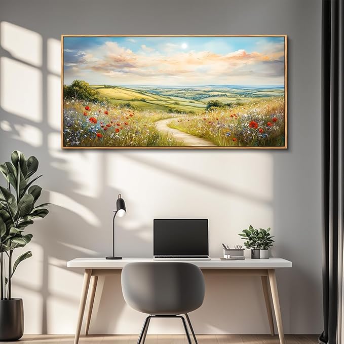 PHAOHUAXM Large Canvas Wall Art For Living Room Wall Decoration For Bedroom Pastoral Mountain Path Landscape Painting Wood Framed Farmhouse Restaurant Wall Pictures Print Artwork Home Decor 24"X48"