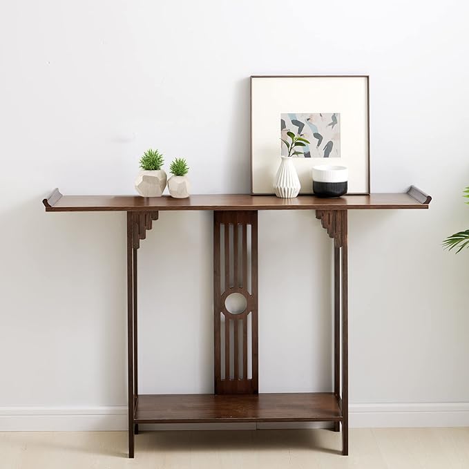 2 Tier Console Table Small Entryway Table for Narrow Spaces, Solid Wood Sofa Table Accent End Table with Curved Frame for Entryway Hallway Living Room Front Door