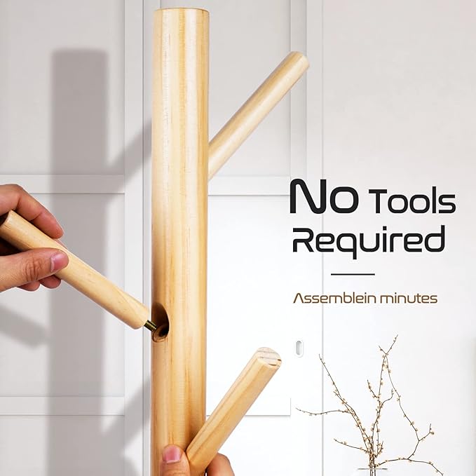 2PCS Solid Wooden Coat Rack Freestanding, New Zealand Pine Coat Tree with 8 Hooks & 3 Adjustable Sizes for Coats, Hats, Handbags and Scarves, Space Saving for Entryway/Office/Bedroom (Nature)