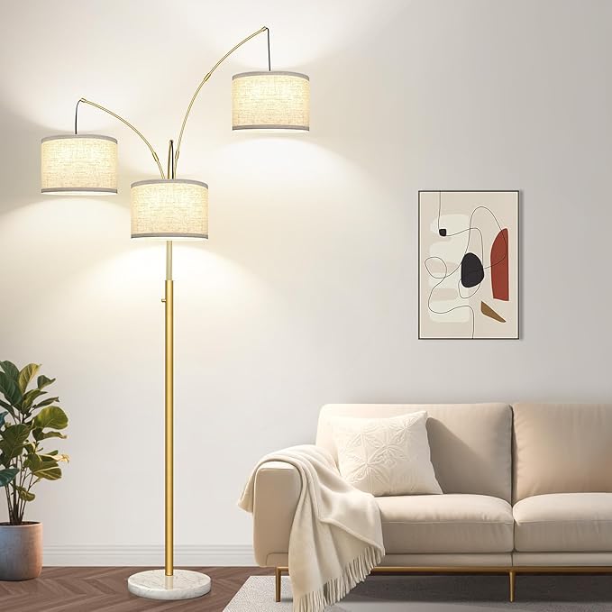 Dimmable Floor Lamp - 3 Lights Gold Arc Floor Lamps for Living Room, 1000LM Modern Tall Standing Lamp with White Shade&Marble Base, Mid Century Tree Floor Lamp for Bedroom Office, 3 LED Bulbs Included