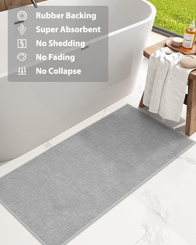 AMOAMI-Bath Mat-Absorbent Quick Dry Bathroom Floor Mats-Washable Rubber Backing Bath Mats for Bathroom Rugs Fit Under Door-Bath Rug for in Front of Sink Bathtub Shower Room, Grey 17''x59''