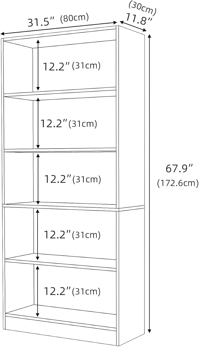 Wood Bookcase 5-Shelf Freestanding Display Wooden Bookshelf for Home Office School (Burlywood)