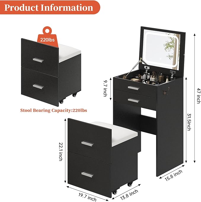Compact Vanity with 3 Drawers, 3 in 1 Vanity Desk, Makeup Desk with Flip-up 3 Colors Lighting Mirror and Cushioned Stool, Small Vanities Nightstand Perfect for Bedroom, Black