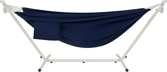LazyDaze Hammocks Double Hammock with Stand - 2 Person Heavy Duty Outdoor Hammock for Adults, Includes Durable Steel Stand, Portable Carrying Bag and Pillow, Navy Blue
