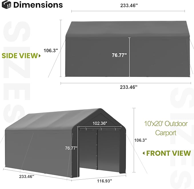 GOJOOASIS 10x20 Carport Heavy Duty Portable Garage Shelter Metal Car Canopy Tent with UV-Resistant & Weatherproof Top Cover for RV & Vehicles (Gray, 10x20 with sidewalls)