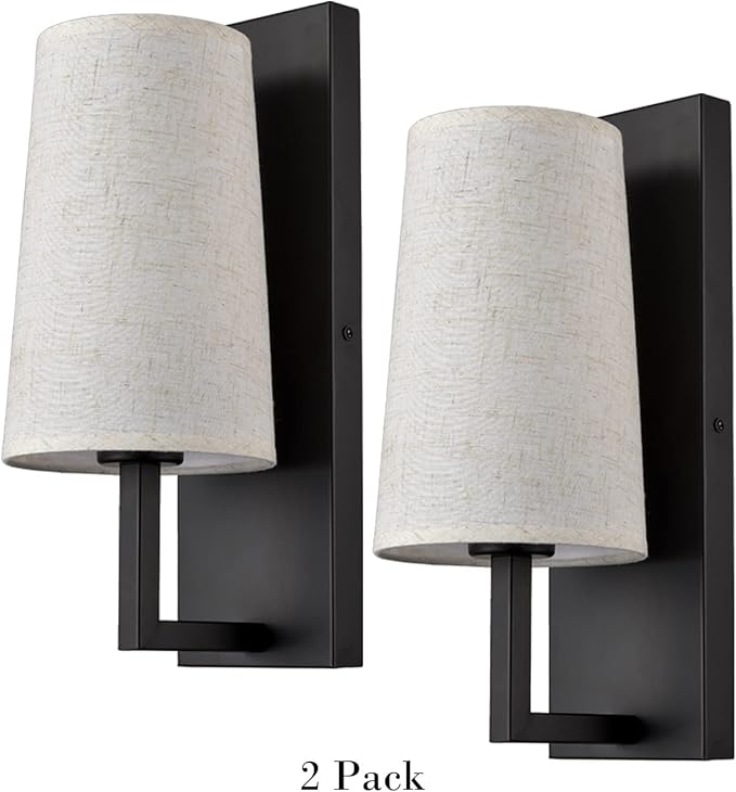 Farmhouse Black Wall Sconces Set of Two Modern Matte Black Wall Lamp with Fabric Shade for Bedroom Hallway Living Room