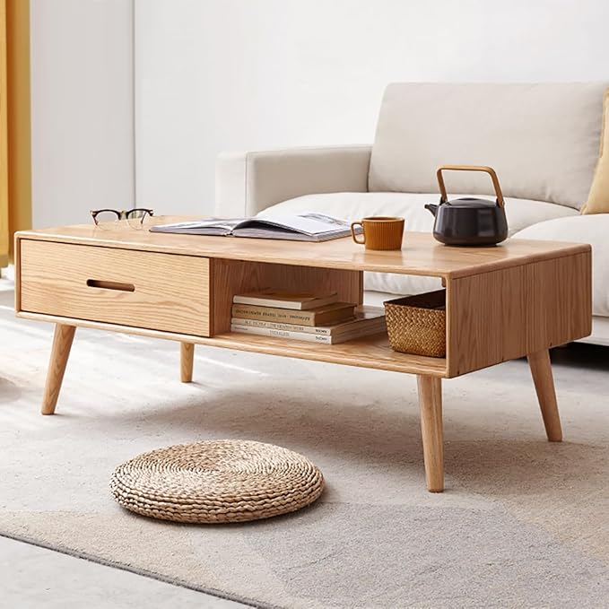 47.24" Solid Wood Coffee Table for Living Room, Oak Coffee Table with Storage Shelf and 2 Drawers, Mid-Century Modern Coffee Tables for Home (Original Wood Color)